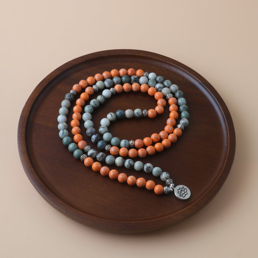 Letitdao Natural Stone 108 Beads Bracelet Necklace Lotus Flower & Imperial Stone Pendant for Energy Balance