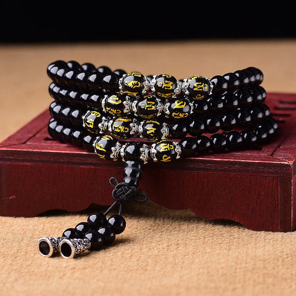 Letitdao 108 Obsidian Multi-Circle Bracelet With Six-Character Mantra Tiger Eye Stone Necklace