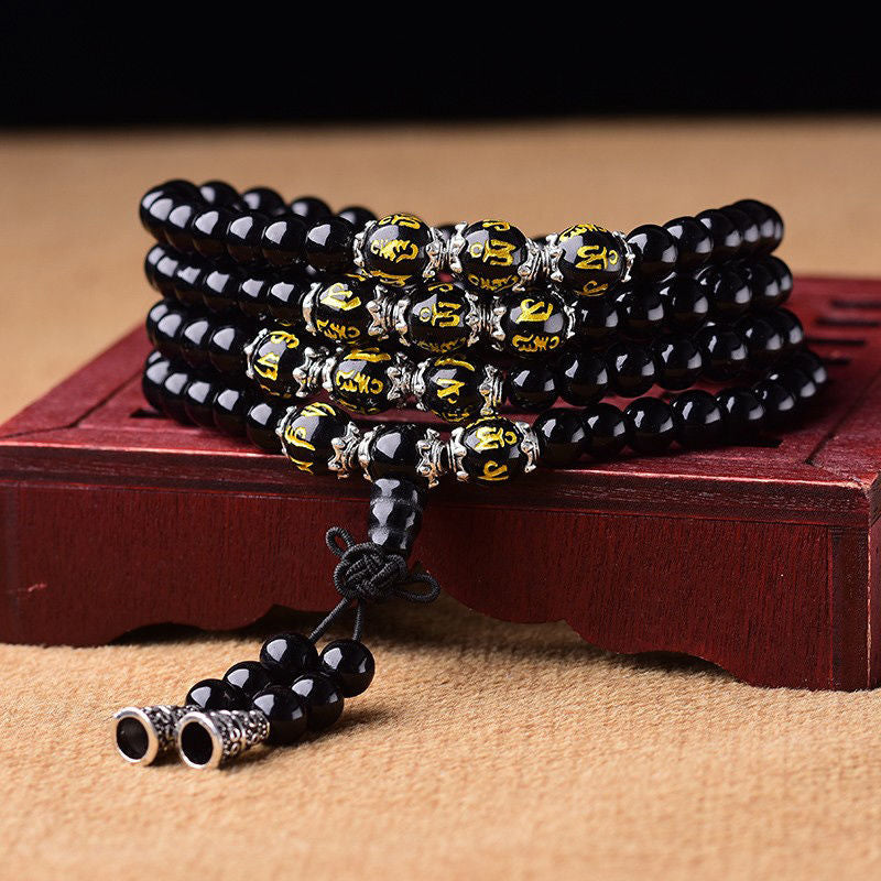 Letitdao 108 Obsidian Multi-Circle Bracelet With Six-Character Mantra Tiger Eye Stone Necklace
