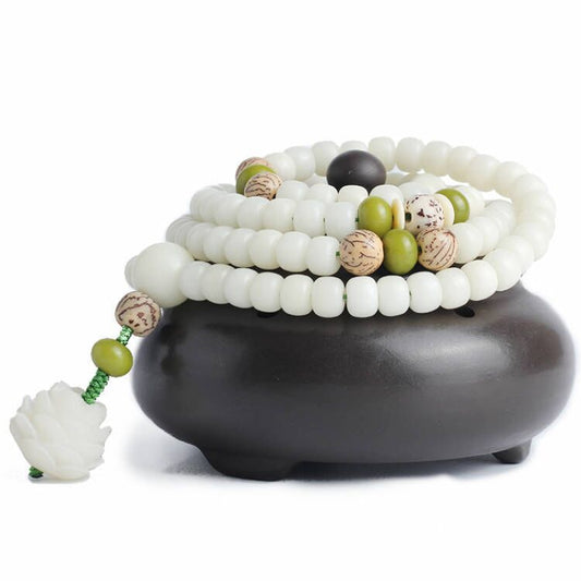 Letitdao Natural White Jade Bodhi Lotus 108 Beads Harmony Necklace Bracelet & Necklace