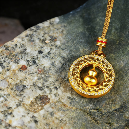 Letlt Dao Rotating Compass Necklace Gold-Tone Alloy with Diamond Wheat Ear & Gourd Pendant for Protection