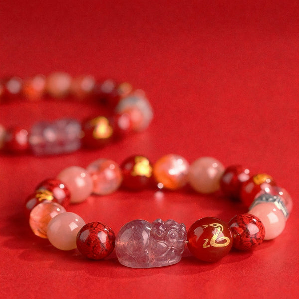 Zodiac Fortune Bracelet Adorned With Sacred Cinnabar & Natural Crystal & Legendary Pi Xiu
