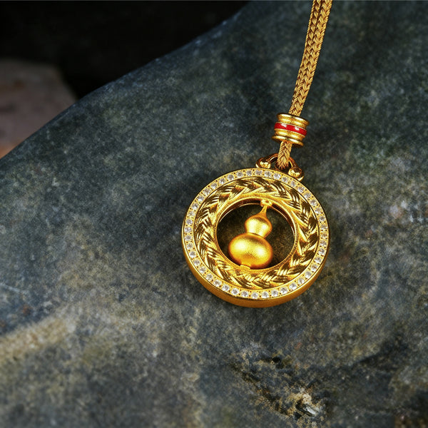 Letlt Dao Rotating Compass Necklace Gold-Tone Alloy with Diamond Wheat Ear & Gourd Pendant for Protection
