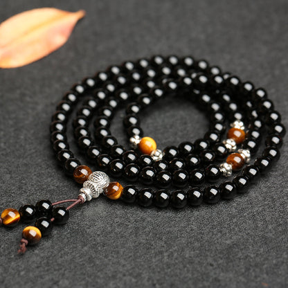 Letitdao 108/120 Obsidian Tiger Eye Blessing Rosary Bracelet & Necklace