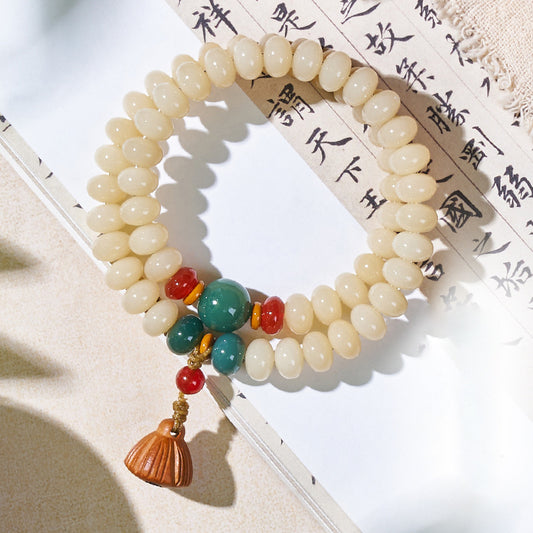 Letitdao Anxiety Relief Bracelet White Bodhi Seed and Wooden Lotus Pendant Necklace Bohemian Style Jewelry