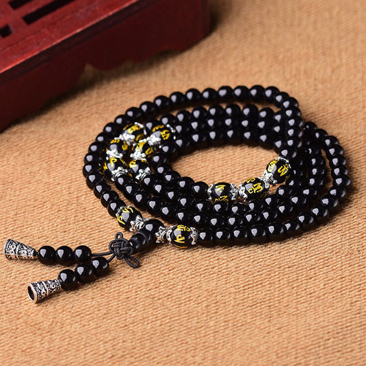 Letitdao 108 Obsidian Multi-Circle Bracelet With Six-Character Mantra Tiger Eye Stone Necklace