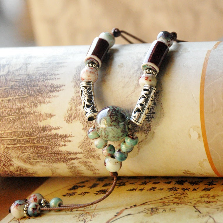 Letitdao Ethnic Ceramic Pendant Necklace Long Bohemian Cord Chain Handmade Cultural Jewelry