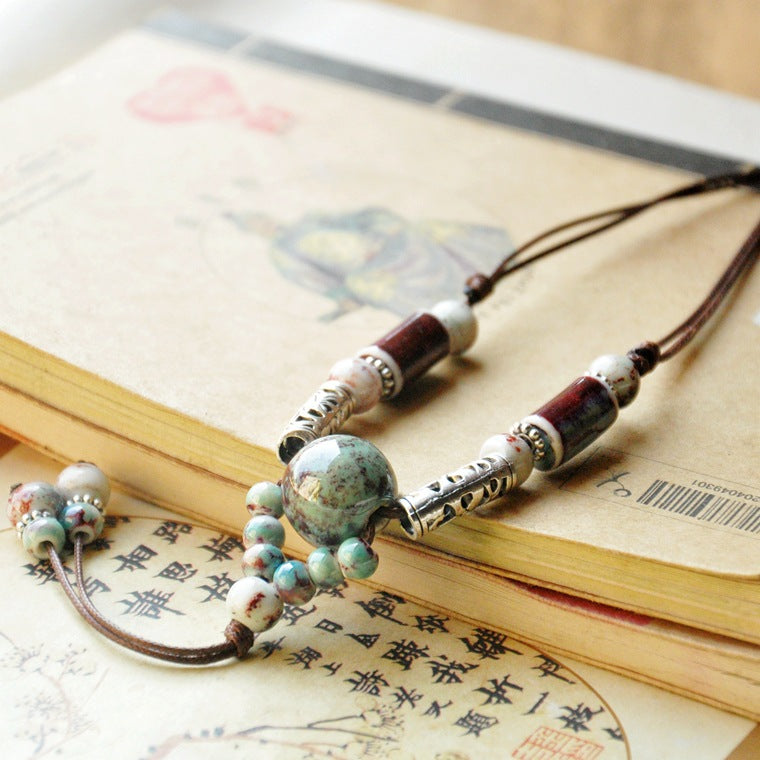 Letitdao Ethnic Ceramic Pendant Necklace Long Bohemian Cord Chain Handmade Cultural Jewelry