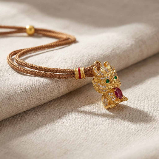 Letlt Dao Kirin Mythical Creature Pendant Gold Plated Necklace with Inlaid Diamonds for Good Fortune