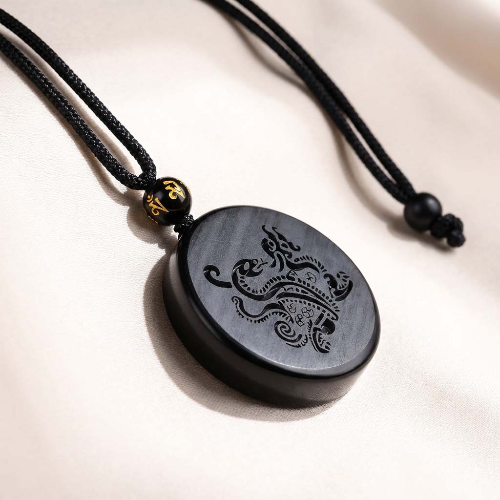 Letitdao Career Flow & Strategic Wisdom Pendant Black Obsidian “Xuanwu” Tortoise-Snake for Water Element Energy