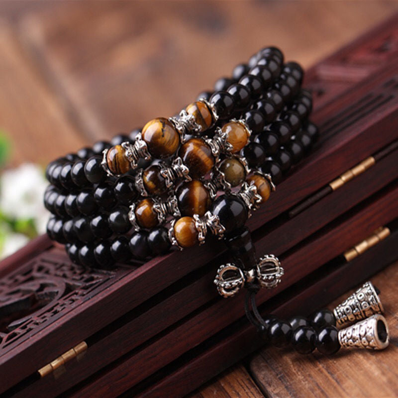 Letitdao 108 Obsidian Multi-Circle Bracelet With Six-Character Mantra Tiger Eye Stone Necklace