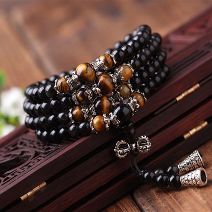 Letitdao 108 Obsidian Multi-Circle Bracelet With Six-Character Mantra Tiger Eye Stone Necklace