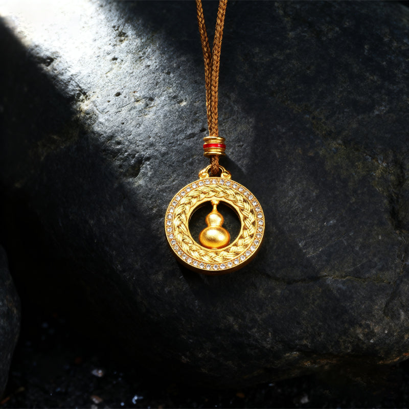 Letlt Dao Rotating Compass Necklace Gold-Tone Alloy with Diamond Wheat Ear & Gourd Pendant for Protection