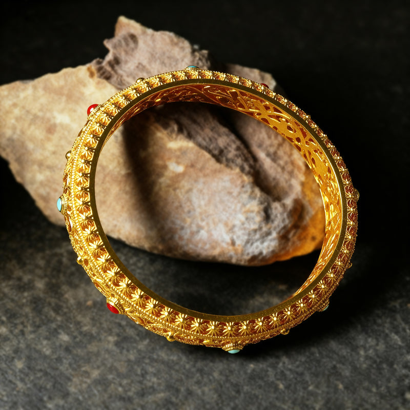 Letlt Dao Hollow Filigree Design Copper Plated Gold Wealth Bracelet Bangle Bracelet Vintage Palace Style Jewelry Gift