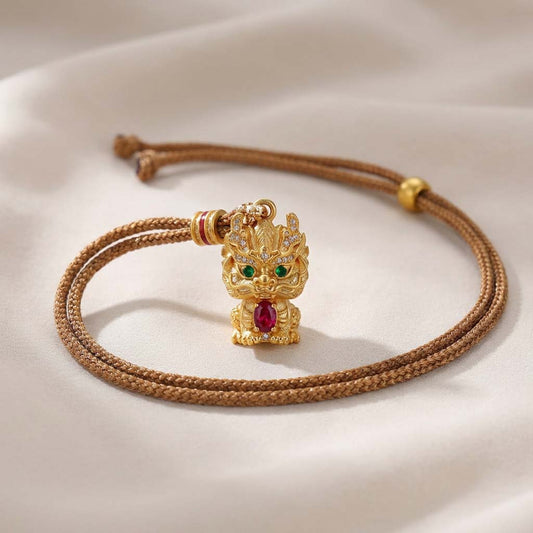 Letlt Dao Kirin Mythical Creature Pendant Gold Plated Necklace with Inlaid Diamonds for Good Fortune