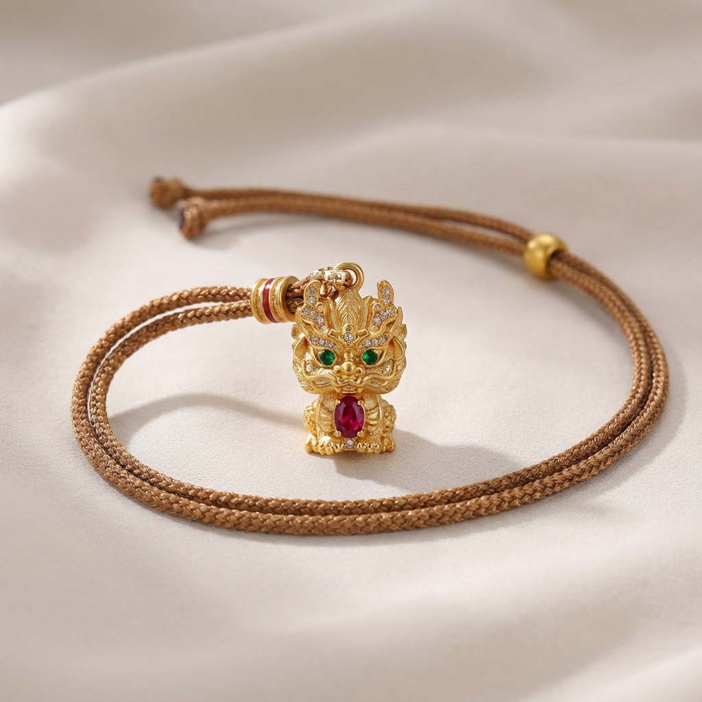 Letlt Dao Kirin Mythical Creature Pendant Gold Plated Necklace with Inlaid Diamonds for Good Fortune