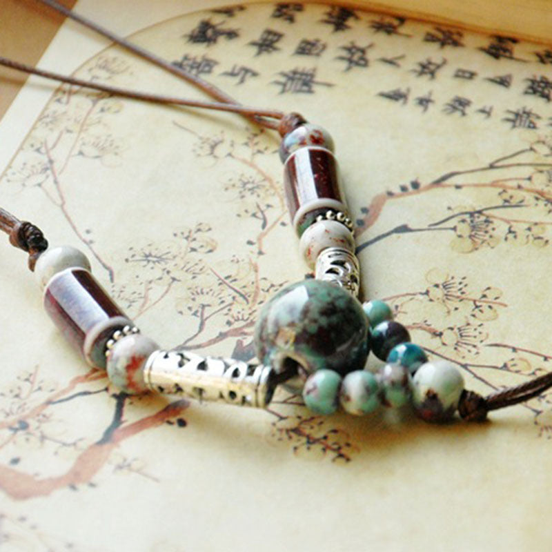 Letitdao Ethnic Ceramic Pendant Necklace Long Bohemian Cord Chain Handmade Cultural Jewelry