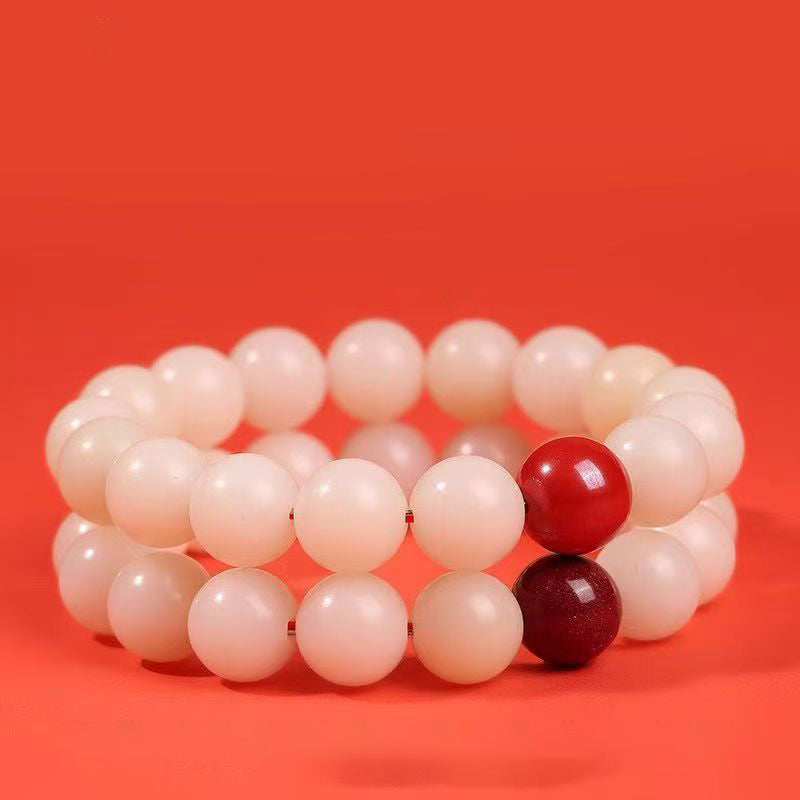 Letitdao Natural White Bodhi & Cinnabar Bracelet Organic Polished Seed Beads Boho Chic Adjustable Jewelry
