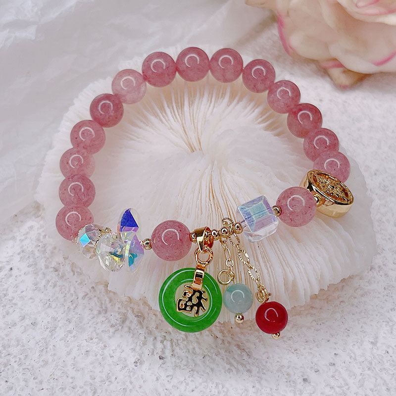 Letitdao Golden Jade & Strawberry Quartz & Jade Blessing Healing Bracelet
