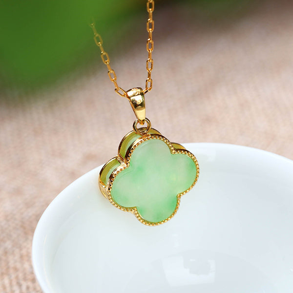 Letitdao Ancient Gold-Plated Hetian Jade Lucky Four-Leaf Clover Necklace