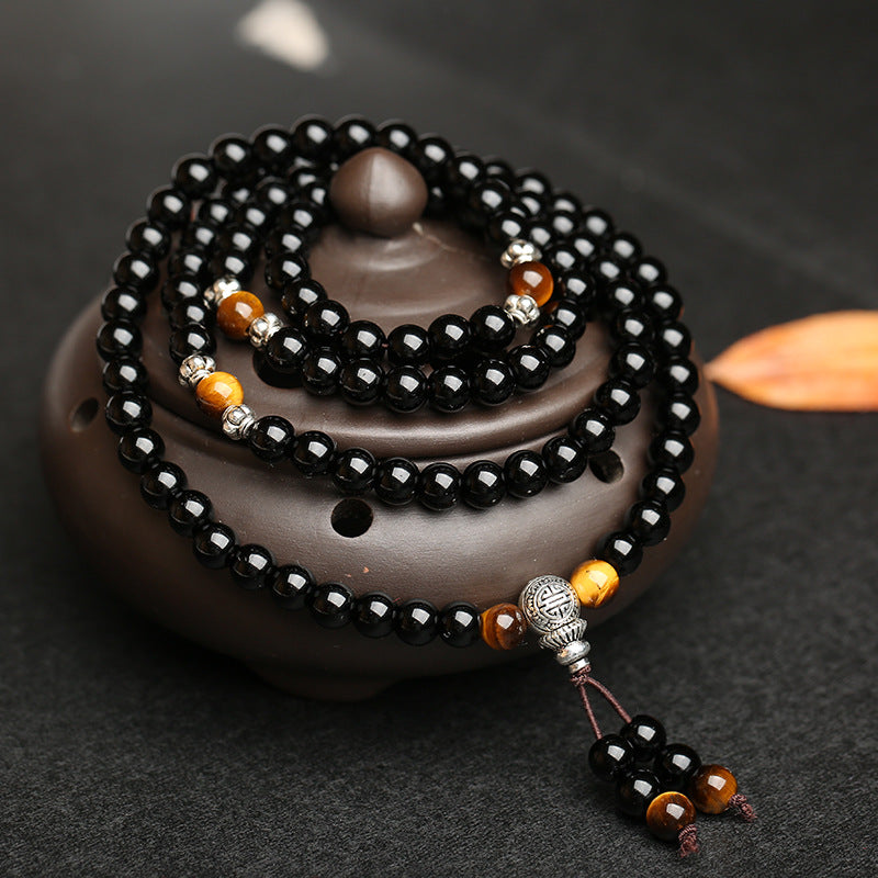 Letitdao 108/120 Obsidian Tiger Eye Blessing Rosary Bracelet & Necklace