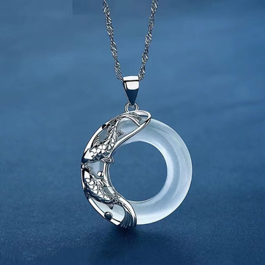 Letitdao S925 Sterling Silver Lucky Koi Fish & Gemstone Inlaid Peace Pendant Necklace