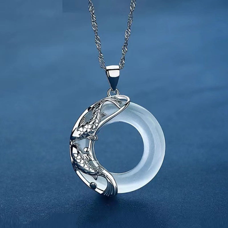 Letitdao S925 Sterling Silver Lucky Koi Fish & Gemstone Inlaid Peace Pendant Necklace