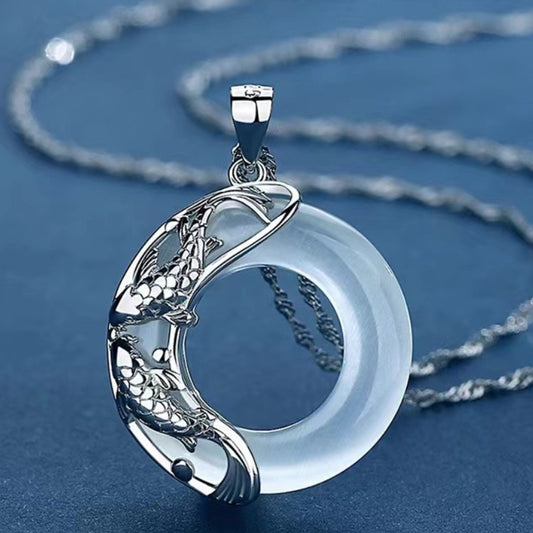 Letitdao S925 Sterling Silver Lucky Koi Fish & Gemstone Inlaid Peace Pendant Necklace