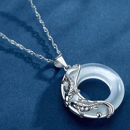 Letitdao S925 Sterling Silver Lucky Koi Fish & Gemstone Inlaid Peace Pendant Necklace