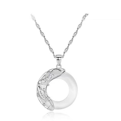 Letitdao S925 Sterling Silver Lucky Koi Fish & Gemstone Inlaid Peace Pendant Necklace