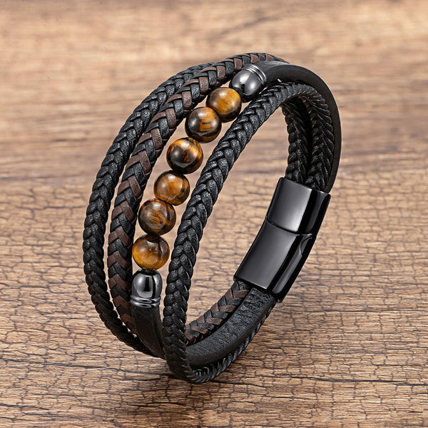 Letitdao Tiger's Eye Volcanic Rock Black Agate Lapis Lazuli Hematite Beads Personalized Multi-layer Braided Leather Bracelet