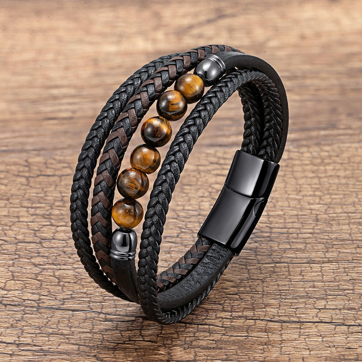Letitdao Tiger's Eye Volcanic Rock Black Agate Lapis Lazuli Hematite Beads Personalized Multi-layer Braided Leather Bracelet