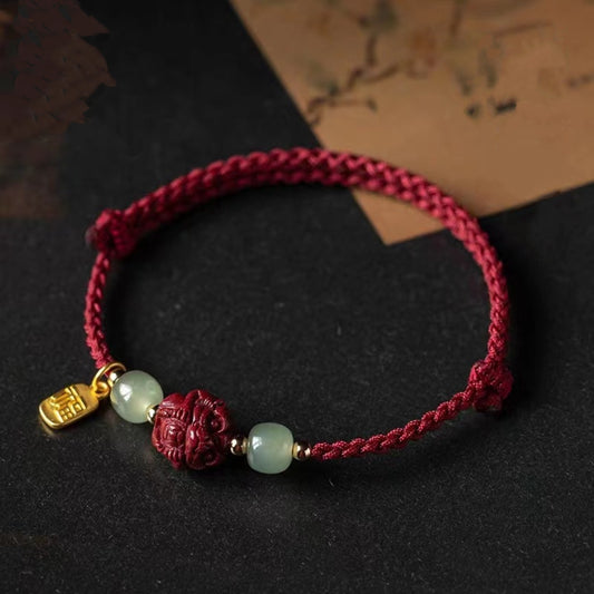 Letitdao Chinese Zodiac Cinnabar & Hetian Jade Red String Lucky Bracelet