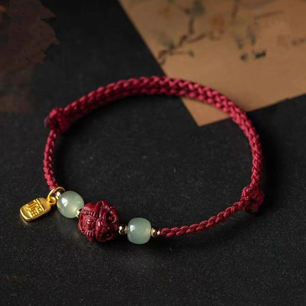 Letitdao Chinese Zodiac Cinnabar & Hetian Jade Red String Lucky Bracelet