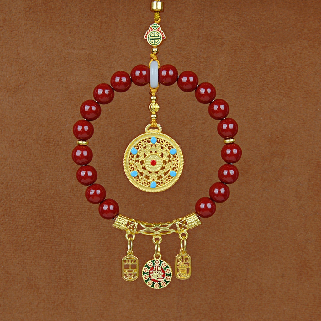 Letitdao Protection Car Ornament Cinnabar Red and Sand Gold Compass Charm for Safe Travel & Good Luck