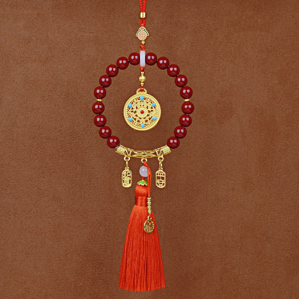 Letitdao Protection Car Ornament Cinnabar Red and Sand Gold Compass Charm for Safe Travel & Good Luck