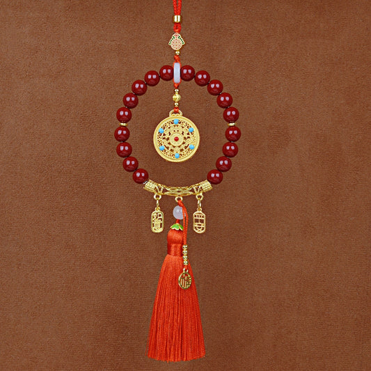 Letitdao Protection Car Ornament Cinnabar Red and Sand Gold Compass Charm for Safe Travel & Good Luck