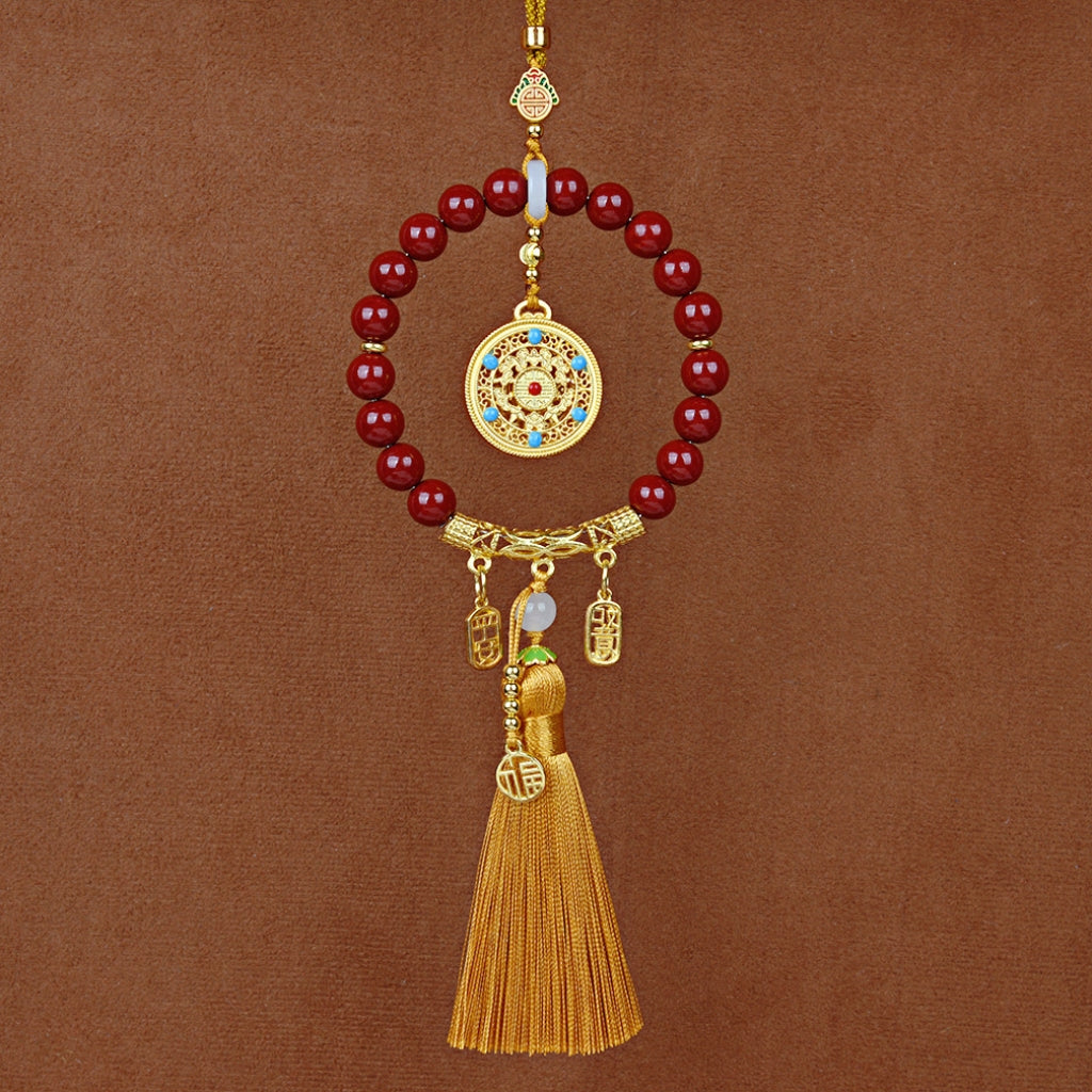 Letitdao Protection Car Ornament Cinnabar Red and Sand Gold Compass Charm for Safe Travel & Good Luck