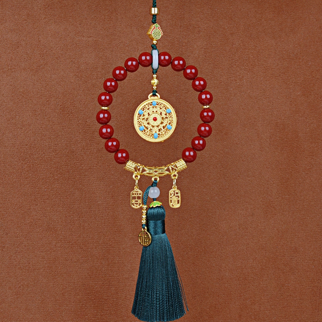 Letitdao Protection Car Ornament Cinnabar Red and Sand Gold Compass Charm for Safe Travel & Good Luck