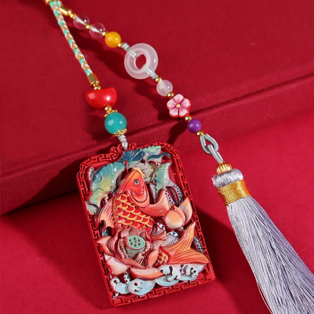 Letitdao Natural Cinnabar "Wealth Fish" Car Charm Hand-Painted Vermilion Red Pendant for Abundance & Good Luck