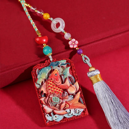 Letitdao Natural Cinnabar "Wealth Fish" Car Charm Hand-Painted Vermilion Red Pendant for Abundance & Good Luck
