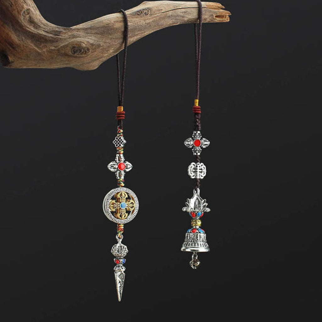Letitdao Vintage Tibetan Spinning Wheel Ornament with Bell Mindful Mantra Charm for Car & Bag Boho Cultural Gift