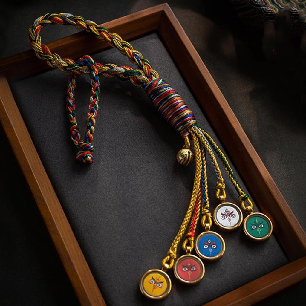 Letitdao Tibetan Thangka Car Ornament Handwoven Five Deities Pendant for Wealth & Travel Blessing Premium Spiritual Gift