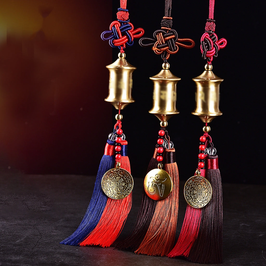Letitdao Chinese Style Prayer Wheel Car Charm Solid Brass Ornament with Two-Color Tassel for Travel Blessings & Safe Journey