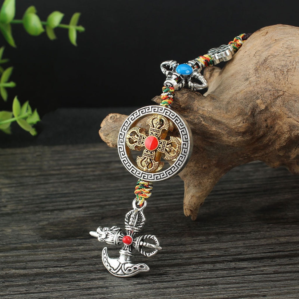 Letitdao Tibetan-style Spinning Car Charm Artisan Handmade Vajra Cross Ornament Unique Ethnic Cultural Car Accessory