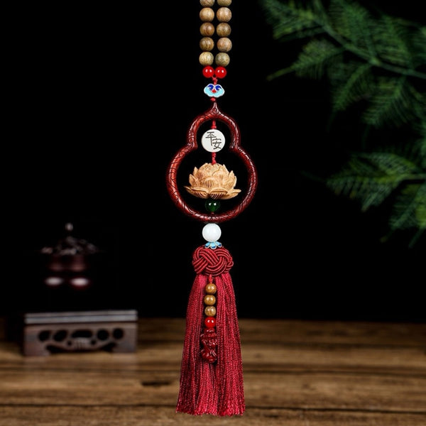 Letitdao Peach Wood Car Charm Gourd & Lotus Amulet for Harmony & Protection Natural Energy Gift