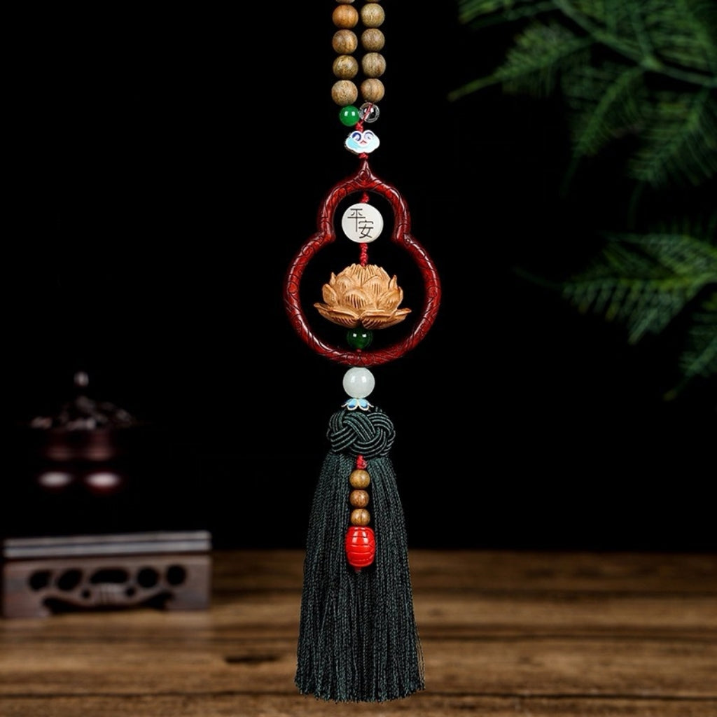 Letitdao Peach Wood Car Charm Gourd & Lotus Amulet for Harmony & Protection Natural Energy Gift