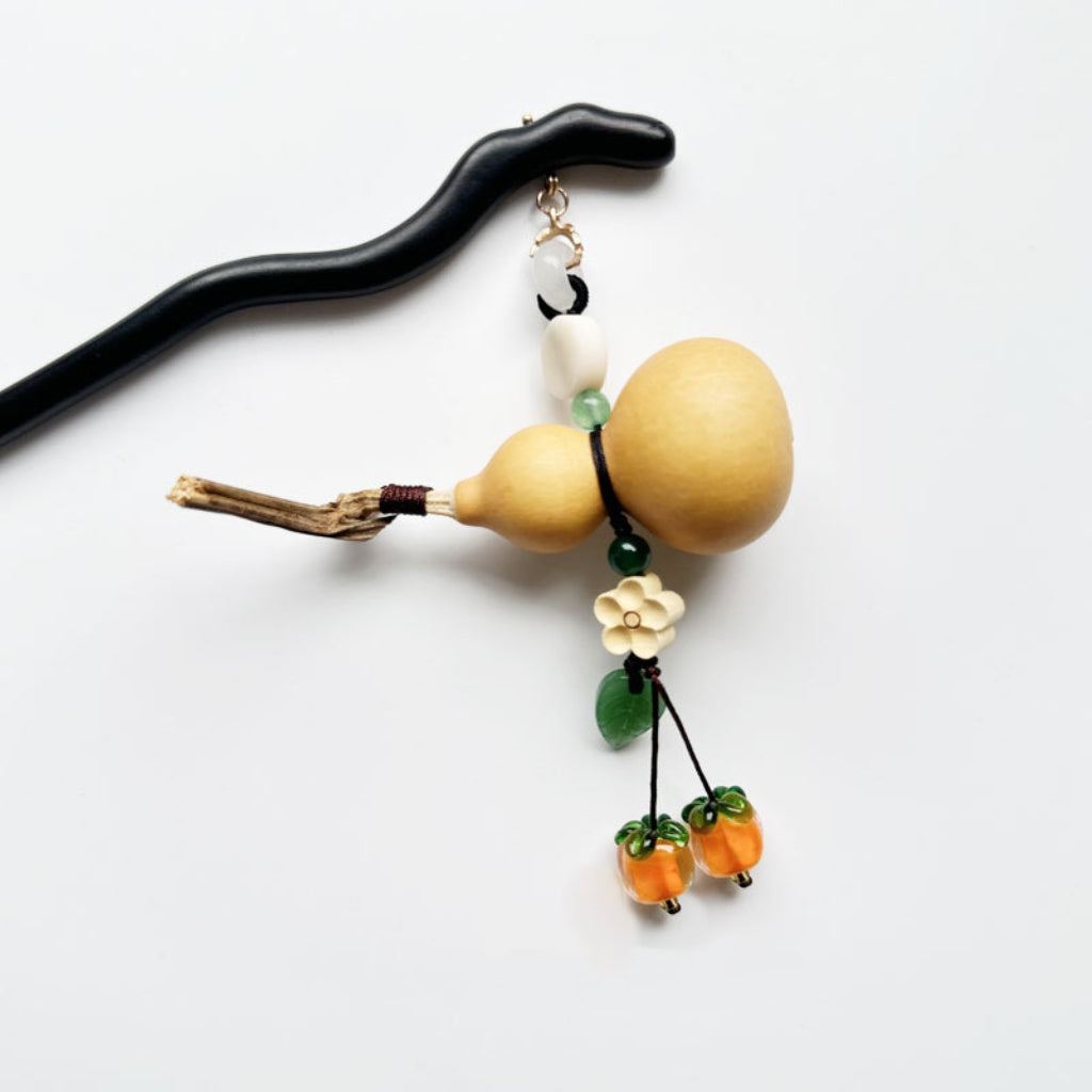 Letitdao Double Blessing Hairpin Sandalwood Hair Stick with Persimmon & Gourd for Good Fortune Elegant Chinese Hairstick