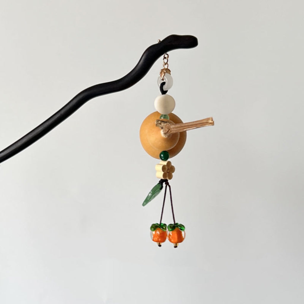 Letitdao Double Blessing Hairpin Sandalwood Hair Stick with Persimmon & Gourd for Good Fortune Elegant Chinese Hairstick
