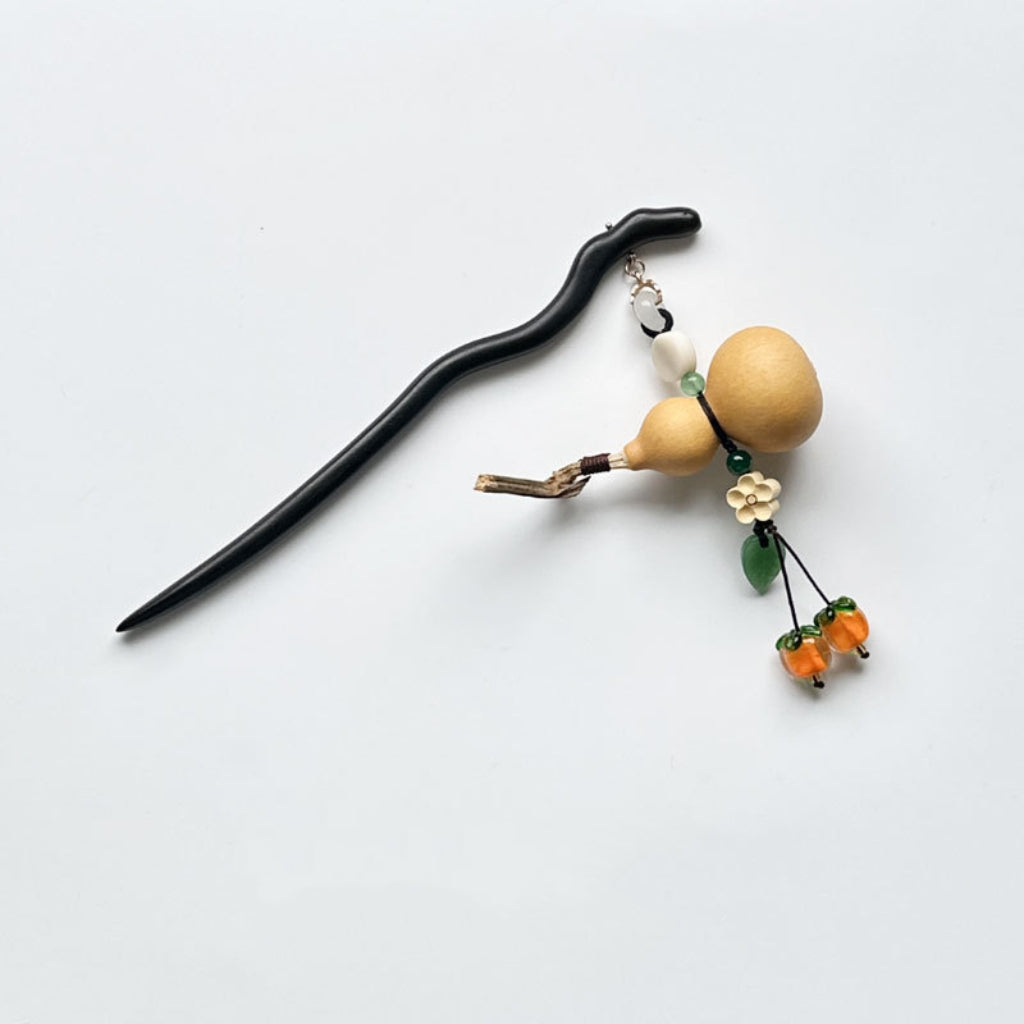 Letitdao Double Blessing Hairpin Sandalwood Hair Stick with Persimmon & Gourd for Good Fortune Elegant Chinese Hairstick